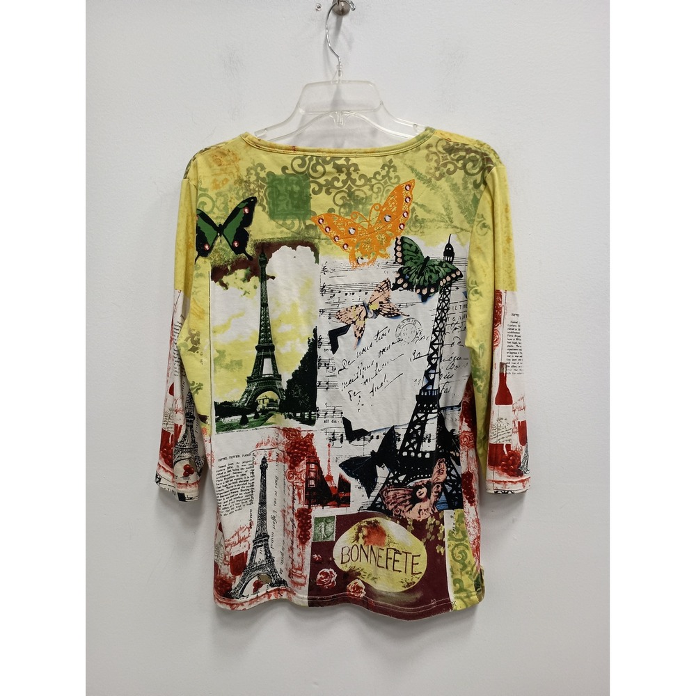 French Postcards Wearable Art Top Womens S Yellow Paris Eiffel Tower Sequin - Picture 10 of 11